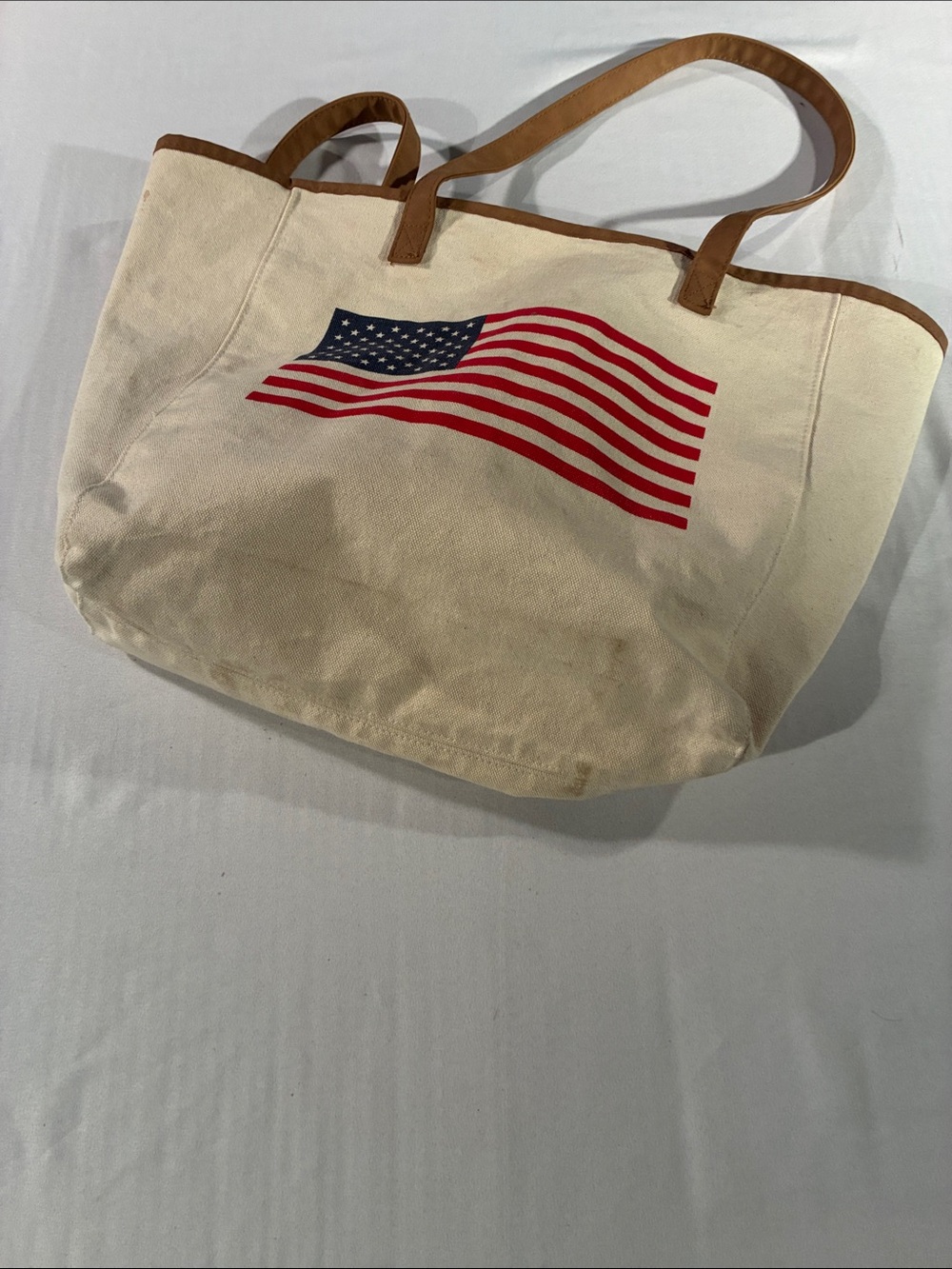 Source Unknown Cream Canvas Tote with American Flag and Brown Handles